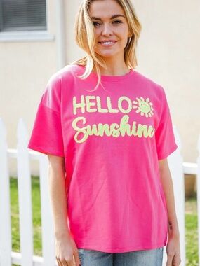 Boutique Hello Sunshine Pink yellow embroidered oversized Graphic T-shirt small